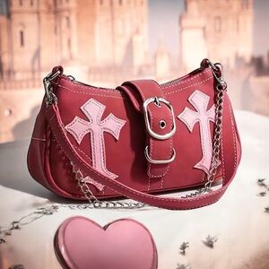 🆕 Y2K Style Satchel Handbag, Vegan Leather Bag -  Chain & Gothic Cross Accents
